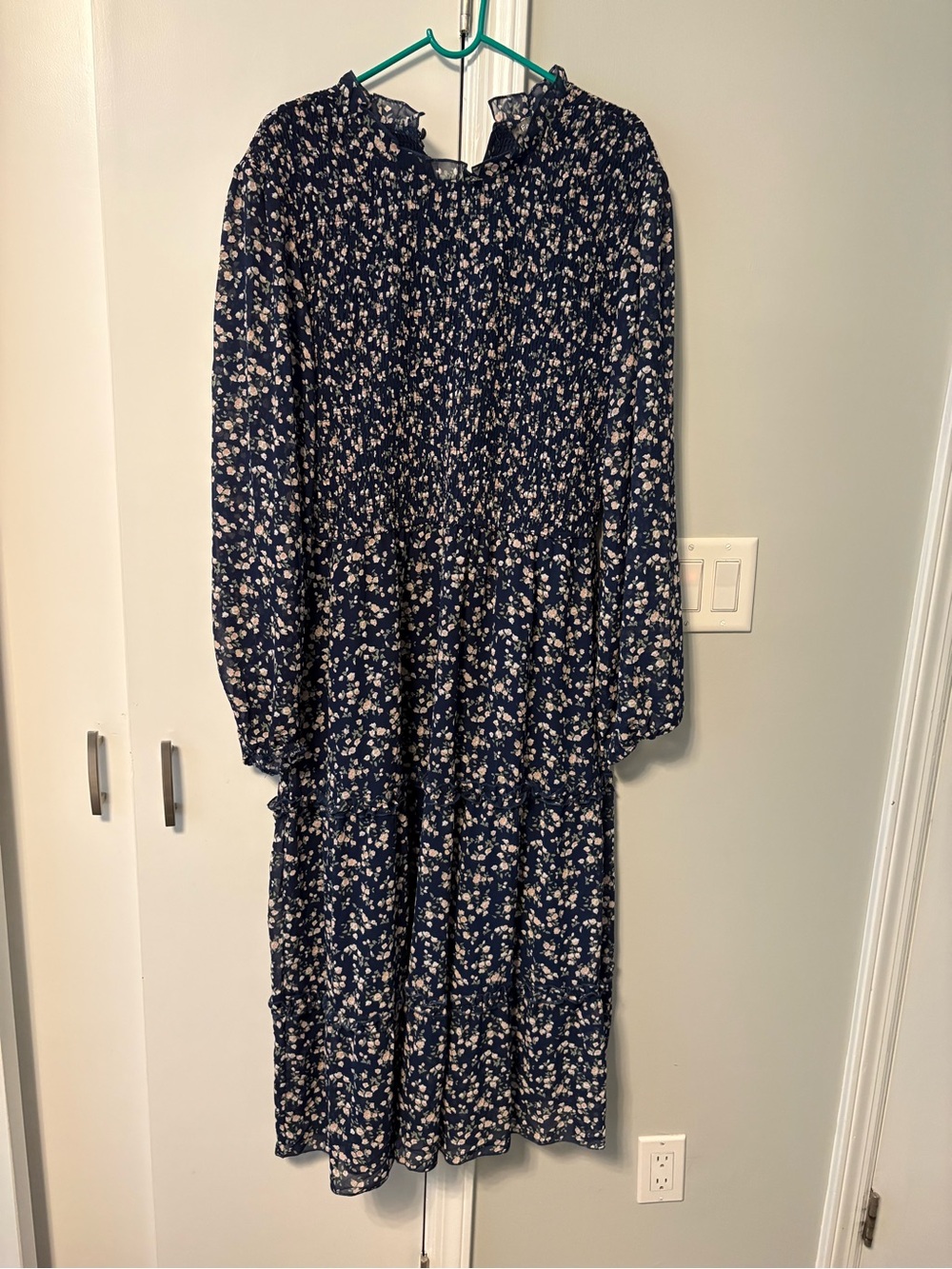 Navy Floral Long-Sleeve Midi Dress with Ruffle Neckline